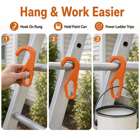 Orange Ladder Hook For Wall Painting And Home Maintenance Hang Paint Cans And Small Tools On A Ladder Rung With A Curved Top Over The Rung And A Lower Opening For Quick DIY Fixes And Clean Worksite Organization orange ladder hook on ladder rung holding paint can