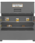 Heavy Duty All Welded Steel Job Site Cabinet For Secure Outdoor Storage With Forklift Ready Legs and Triple Padlock Security open design showing internal shelves.