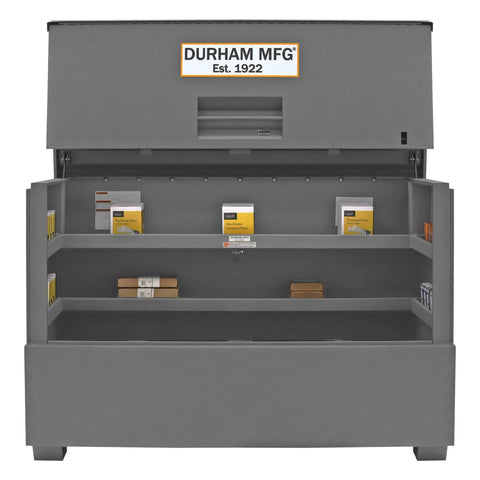 Heavy Duty All Welded Steel Job Site Cabinet For Secure Outdoor Storage With Forklift Ready Legs and Triple Padlock Security open design showing internal shelves.