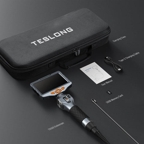 Two Way Articulating Borescope With Light For Auto Maintenance And Diagnostics, 5 Inch IPS Endoscope Camera, case, manual, and cable