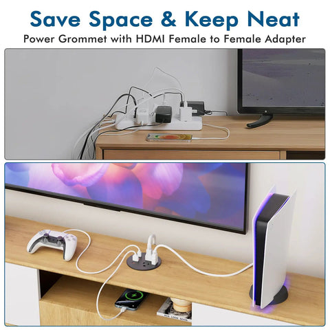 3 Inch Desk Power Grommet With 35W Usb C Fast Charging With 4 Usb Ports And Hdmi, flush mount installation on a desk.