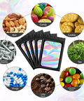 Black Mylar Holographic Bags 100 Pieces Resealable Foil Pouches For Food Storage Lip Gloss Jewelry Eyelash Packaging For Small Business Size 2.4 By 3.9 Inches displayed with nuts, candy, cookies, tea, hardware, drugs, coffee, and chocolate.