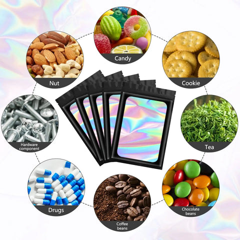 Black Mylar Holographic Bags 100 Pieces Resealable Foil Pouches For Food Storage Lip Gloss Jewelry Eyelash Packaging For Small Business Size 2.4 By 3.9 Inches displayed with nuts, candy, cookies, tea, hardware, drugs, coffee, and chocolate.