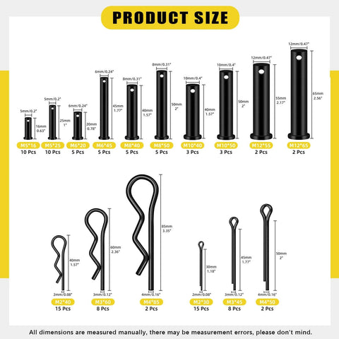 Carbon Steel Clevis Pin And R Clips Kit 100 Piece Assortment With 10 Sizes M5 M6 M8 M10 M12 Pin Dimensions Illustrated