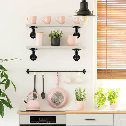 Heavy Duty Industrial Pipe Shelf Brackets Kit For 8 10 12 14 Inch Boards Iron L Pipe Floating Shelves Black in kitchen setting