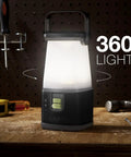 WeatherReady LED Camping Lantern Pro 360 IPX4 Water Resistant Tent Light on a workbench with tools in the background