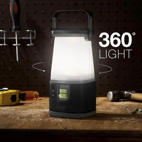 WeatherReady LED Camping Lantern Pro 360 IPX4 Water Resistant Tent Light on a workbench with tools in the background