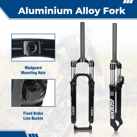 Lightweight Aluminum Front Fork For Mountain Bikes With Air Suspension 26 Inch, mudguard hole, brake line buckle detail