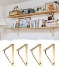 Four Pack Straight Up Premium Solid Gold Brass L Shaped Shelf Brackets With Screws for wall-mounted hardwood shelves.