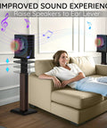 Height Adjustable Speaker Stands Pair 25 To 34 Inches With Studio Monitors In Home Theater Setup Next To Sofa