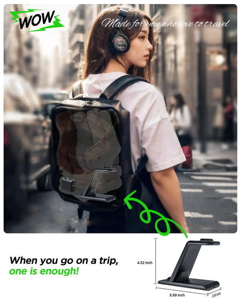 Three In One Wireless Charging Stand For Galaxy Phones Watches And Buds Fast Charge Dock in backpack illustration
