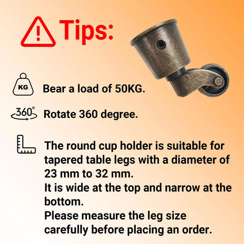 Diagram of Four Pack Cup Style Swivel Casters showing load capacity and compatibility with tapered table legs, vintage round cup design.