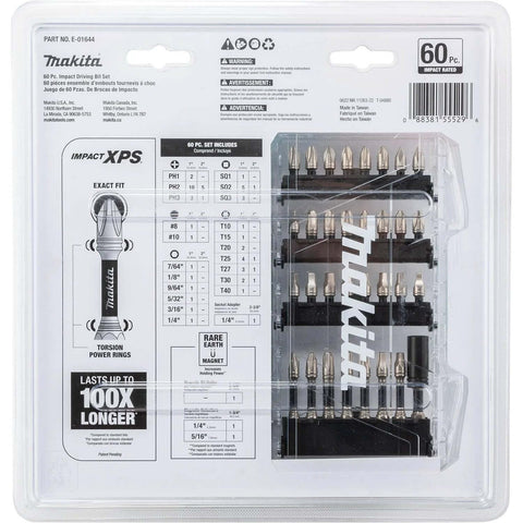 Makita E-01644 Impact XPS 60-piece impact bit set in clear plastic case with bits visible
