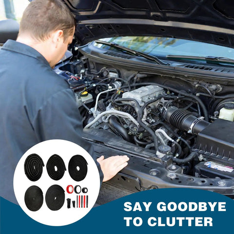 Mechanic installing All In One Split Wire Loom Kit For Cable Management With High Temperature Resistant Loom Tubing Auto Wiring Protection Pet And Rodent Proof Cord Organizer Heat Shrink Tubing Silicone Tape And Ties in car engine bay