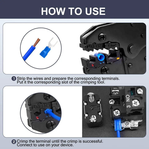 How to use Insulated Crimp Wire Connector Terminal Kit 200 PC Assortment With Ring Butt Spade Fork Connectors 22 To 16 GA 16 To 14 GA 12 To 10 GA Solderless DIY Friendly Pro Grade Heavy Duty Electrical Wiring Essentials Durable Copper