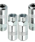 Four chrome-plated grease gun coupler tips with knurled grip and threaded ends, front view