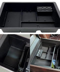 Center Console Organizer Tray Fits GMC Sierra 2014 To 2018 And Yukon Tahoe Suburban Silverado 2015 To 2020 Armrest Storage Box Replaces 22817343 Black Durable Easy To Install, showing black ABS plastic tray in and out of console