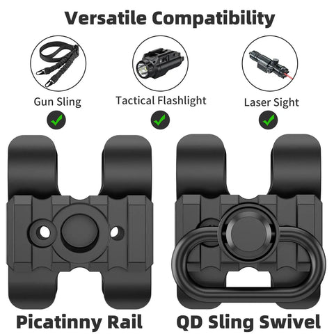 Tactical Shotgun Barrel Clamp Mount With QD Sling Swivel And Picatinny Rail Flashlight And Sling Mount, compatibility icons