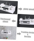 Heavy Duty Wall Mount Router Holder And Cable Management Rack With No Drill Quick Install and Thick Plate Storage Shelf, white wood design.