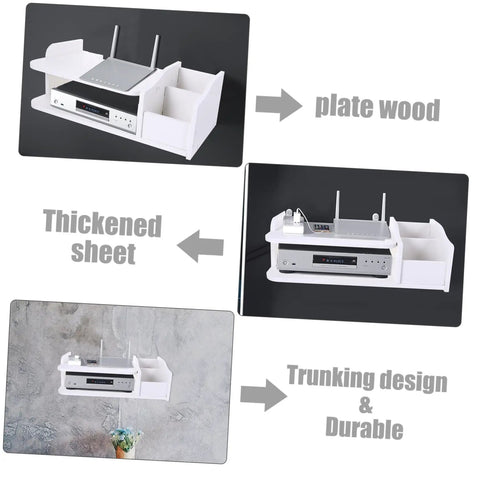 Heavy Duty Wall Mount Router Holder And Cable Management Rack With No Drill Quick Install and Thick Plate Storage Shelf, white wood design.