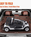 Foldable four wheel electric mobility scooter in car trunk, 419 pound capacity, ideal for travel and everyday errands.