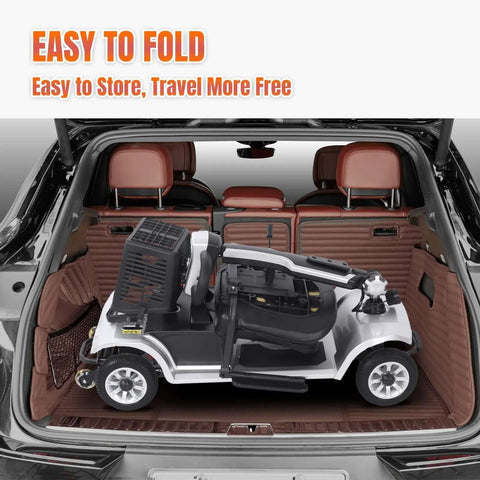 Foldable four wheel electric mobility scooter in car trunk, 419 pound capacity, ideal for travel and everyday errands.