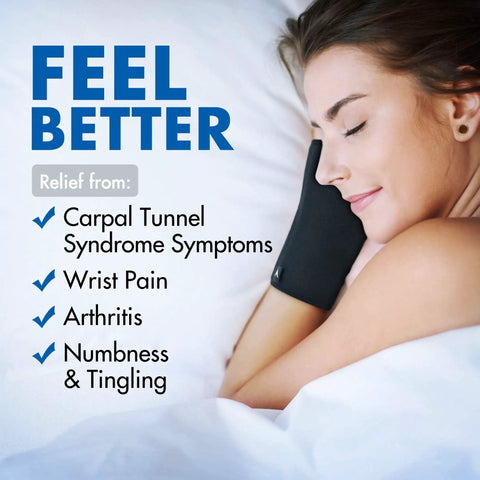 Woman sleeping in bed wearing Unisex Adjustable Wrist Brace For Carpal Tunnel Relief With Day And Night Support, Universal Fit