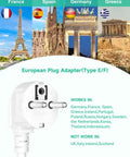 US To Europe Travel Plug Adapter With 3 Outlets And 3 USB Ports USB C European Power Strip With 3 Foot Cord Go To Travel Essential For Spain France Germany Iceland Greece White with country list