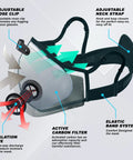 Diagram of Pro Grade M Plus Dust Mask Reusable Respirator With 99.9 Percent Carbon Filters showing adjustable straps and active carbon filter.