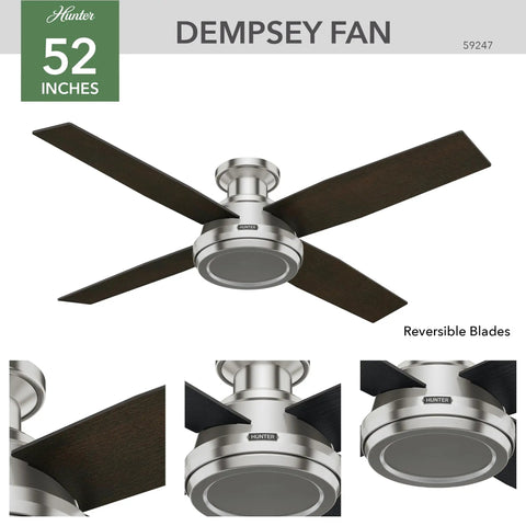 52 Inch Indoor Ceiling Fan No Light With Remote Control, Modern Flush Mount, Brushed Nickel, Reversible Blades