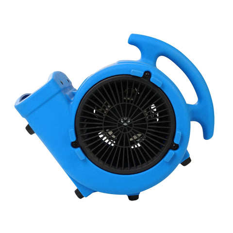 Side view of Powerhouse 1/8 HP Air Mover with 600 CFM, blue rugged poly housing, compact blower, three speed settings for efficient drying.