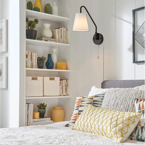 Hardwired Wall Sconces Set Of Two With 180 Degree Swing Arm Matte Black Dope Industrial Vintage Lighting White Fabric Shade Pull Chain On Off E26 Base Bulbs Not Included For Bedroom Living Room Farmhouse Decor mounted on white paneled wall