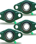 Four green UCFL205-16 pillow block bearings, angled view, 1 in bore, 2-bolt flange, cast-iron housing, set-screw lock.