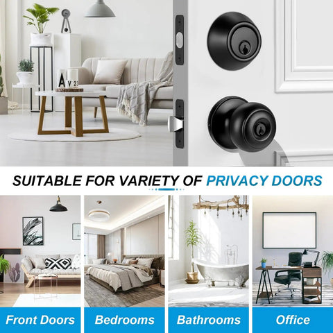 4 Pack Front Door Lock Set in Matte Black With Deadbolt and Door Knob, Keyed Alike Single Cylinder Lockset shown in various home settings