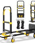 Upgraded 3-In-1 Folding Hand Truck Dolly For Home Office And Warehouse Converting From Two-Wheel Stair Climber To Four-Wheel Platform Cart Heavy Duty 600 Lb Capacity With Solid Wheels And Straps Orange, folded black and yellow frame