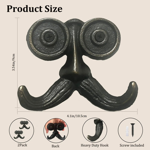Badass Vintage Cast Iron Beard Shaped Wall Hook Kit with Heavy Duty Screws for Hanging Coats Scarves Bags and Keys showing dimensions.