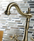 Heritage 4 Inch Plate Vessel Sink Faucet Deck Mount Brushed Nickel With Two Handles Drip Free Ceramic Cartridge close-up view