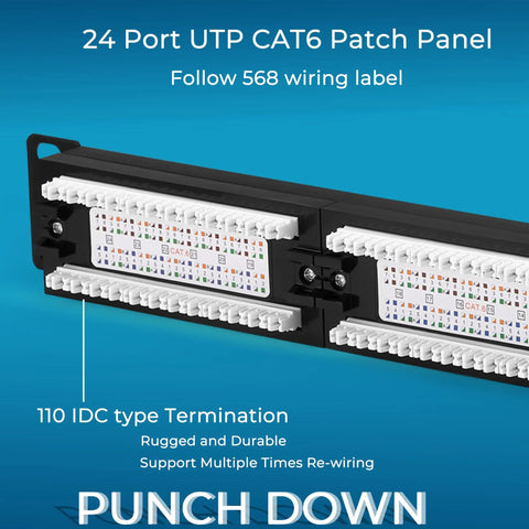 24 Port Cat6 Patch Panel With 10G Ready Ethernet, 19 Inch Rackmount Or Wall Mount, Plug-And-Play Punch Down Block display