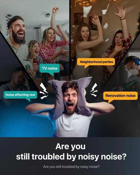 Image depicting various noise sources, including TV noise and neighborhood parties, affecting a man covering his ears.