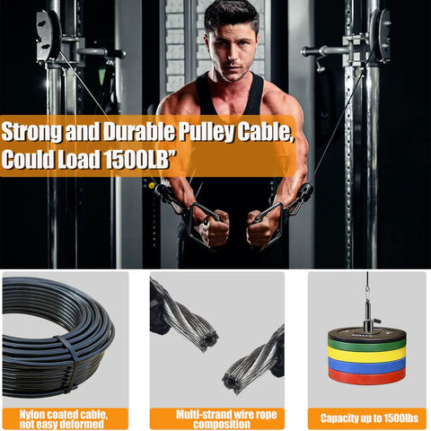 Beefy Pulley Cable Replacement For Home Gym, 1500 lb load, man using cable machine, TPU coated steel wire, weightlifting.