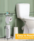 Two Pack Free Standing Toilet Paper Holder Rack With Black Metal Dispenser Shelf Holds Four Rolls Bathroom Organizer Stand For Easy Access In Any Restroom Durable Storage Game Changing Home Convenience next to toilet