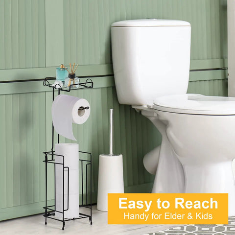 Two Pack Free Standing Toilet Paper Holder Rack With Black Metal Dispenser Shelf Holds Four Rolls Bathroom Organizer Stand For Easy Access In Any Restroom Durable Storage Game Changing Home Convenience next to toilet