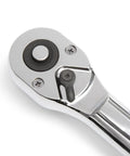 Close-up of 3/4 Inch Drive Quick Release Teardrop Ratchet, showing 24-Tooth chrome finish and easy socket release mechanism.