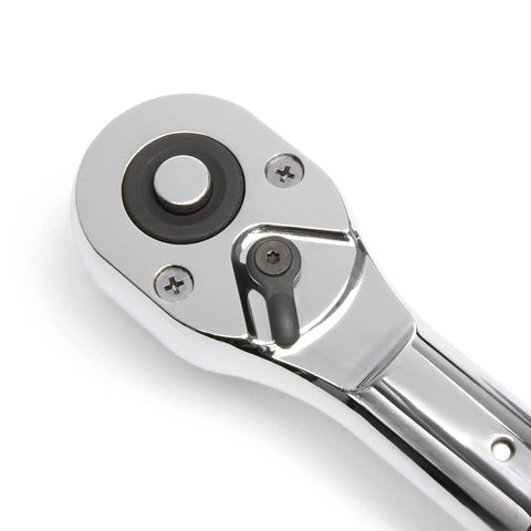 Close-up of 3/4 Inch Drive Quick Release Teardrop Ratchet, showing 24-Tooth chrome finish and easy socket release mechanism.