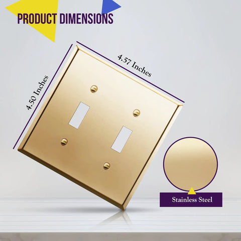 Gold Polished Brass Toggle Light Switch Wall Plate, Metal 2-Gang 4.50 Inch By 4.57 Inch, Corrosion Resistant Stainless Steel 201 Cover, Heavy Duty Electrical Faceplate For Durable Home And Office Use