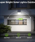 Ultra Bright Solar Outdoor Flood Lights 2800LM With 16.4 Ft Cable Remote Control Motion Sensor shown installed on wall