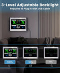 Wireless Indoor Outdoor Weather Station With Color Display Digital Temperature And Humidity Monitor Alarm Clock USB Port Adjustable Backlight 6.1 Inch Screen Easy To Read Interface Black And Silver installed on wall with USB connection, showing multiple backlight levels.