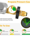 Two-stage propane regulator for RVs with gauge showing gas levels for safe use.