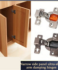 Concealed Soft Close Cabinet Hinges Featuring Short Throw Arms And Hydraulic Damping For Tight Furniture Frames Buttery Smooth Closure Zero Drama Black Pair Heavy Duty Hardware installed on narrow wooden cabinet door opening.