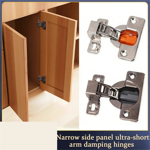 Concealed Soft Close Cabinet Hinges Featuring Short Throw Arms And Hydraulic Damping For Tight Furniture Frames Buttery Smooth Closure Zero Drama Black Pair Heavy Duty Hardware installed on narrow wooden cabinet door opening.